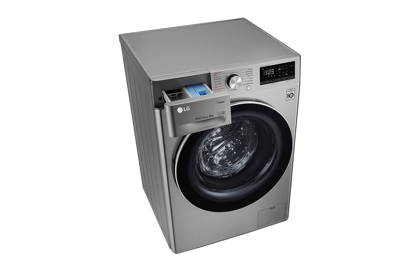 LG Lave-linge de 9 kg à chargement frontal, AI Direct Drive Motor, vapeur, couleur argent, F4V5VYP2T