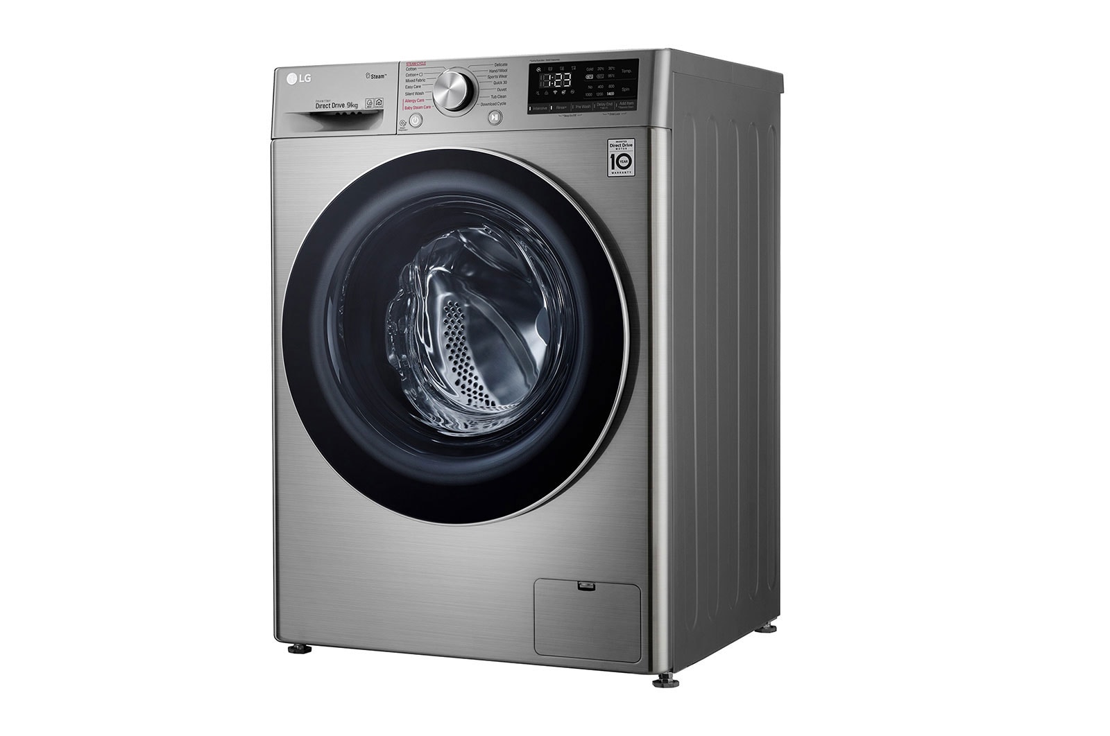 LG Lave-linge de 9 kg à chargement frontal, AI Direct Drive Motor, vapeur, couleur argent, F4V5VYP2T