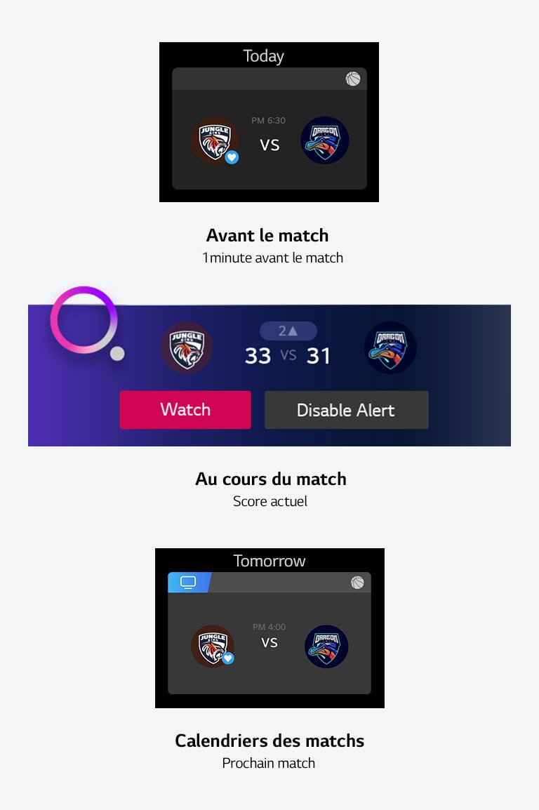 Alerte sportive apparaissant une minute avant le début du match, donnant des informations sur les équipes en compétition, Alerte sportive apparaissant pendant le match et donnant des informations sur le score, Alerte sportive affichant des informations sur la programmation des matchs