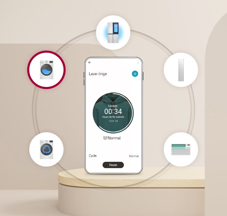 Un téléphone portable est posé sur un plancher sur un fond beige et une image d’appareils ménagers est représentée dans six cercles avec le téléphone portable au centre.
