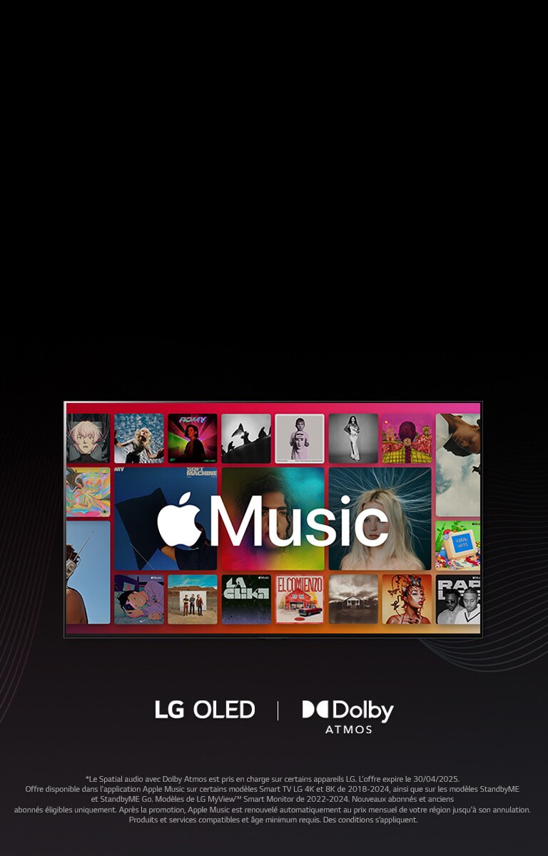 Une grille d'albums avec le logo Apple Music en arrière-plan, avec les logos LG OLED et Dolby Atmos en dessous.