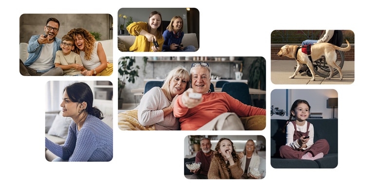 Des grand-parents dirigeant une télécommande vers l’extérieur, puis l’image dézoome puis montrer une grille de sept images de différentes personnes et leur style de vie.