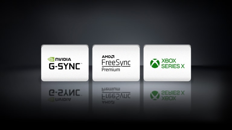 Le logo NVIDIA G-SYNC, le logo AMD FreeSync et le logo XBOX SERIES X sont disposés horizontalement sur un arrière-plan noir.