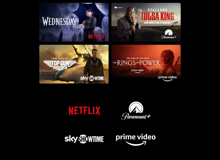 On voit un poster des séries Wednesday de Netflix et The Rings of Power de Prime Video.