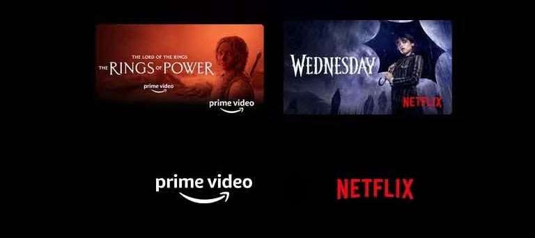 Une affiche de mercredi de Netflix, et The Rings of Power de Prime Video.