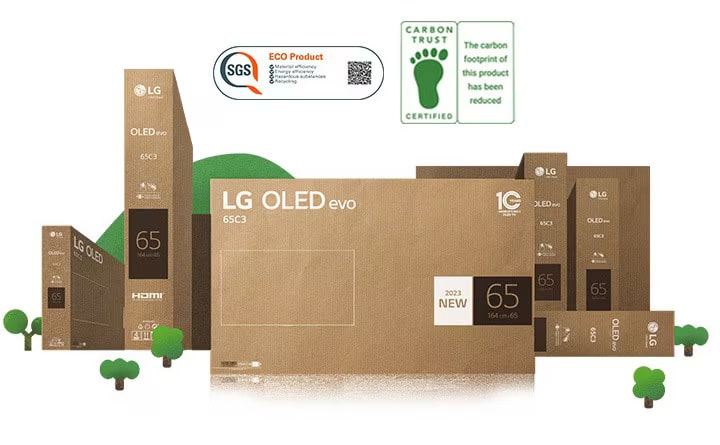 Emballage écologique en carton LG OLED représenté autour d’arbres et de montagnes animés.