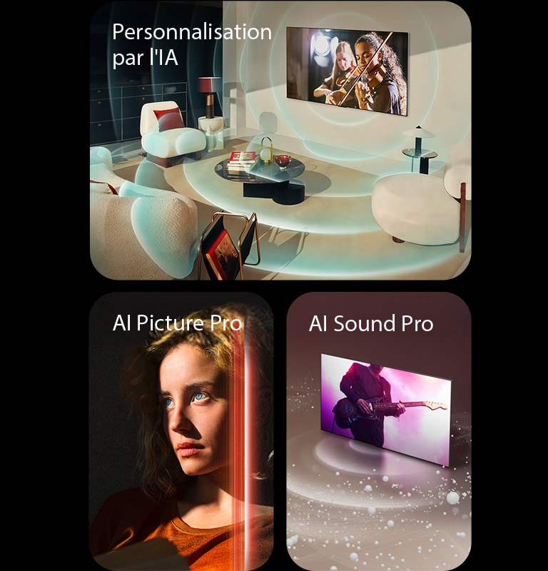 LG OLED dans un espace de vie moderne affichant une prestation musicale à l'écran. Des ondes circulaires bleues représentant la personnalisation entourent le téléviseur et l'espace.  Une femme aux yeux bleus perçants avec un top orange brûlé dans un espace sombre. Des lignes rouges représentant les perfectionnements de l'IA couvrent une partie de son visage, qui est clair et détaillé, alors que le reste de l'image est terne.   LG OLED TV, des bulles sonores et des vagues sortent de l'écran et remplissent l'espace.