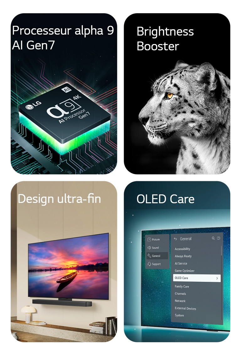 Le processeur alpha 9 AI Gen7 de LG posé sur une carte mère, émettant des éclairs de lumière violets et roses.  Le Brightness Booster avec une image latérale d'un léopard blanc.  Ultra Slim et prêt pour la barre de son LG, ils sont placés à plat contre le mur dans un espace de vie moderne.  OLED TV avec le menu OLED Care est sélectionné dans le menu d'assistance qui s'affiche à l'écran.