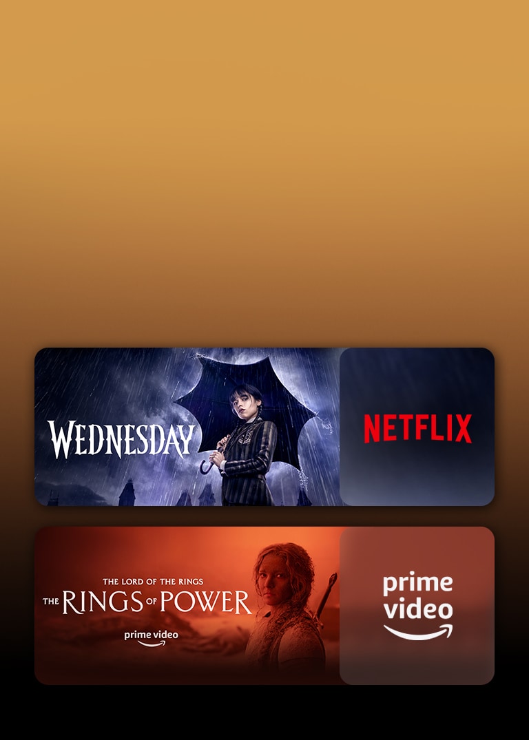 Les logos de plateformes de services de streaming et les séquences correspondantes se trouvent juste à côté de chaque logo. On peut voir des images de Mercredi sur Netflix, de TED LASSO sur Apple TV, de Tulsa King sur Paramount+, de Benjamin Gates et le Trésor des Templiers sur Disney Plus, du Seigneur des Anneaux : Les Anneaux de Pouvoir sur PRIME VIDEO, de TOP GUN sur Sky Showtime et le léopard de LG CHANNELS.