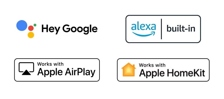 Détails montrant les logos de Hey Google, Alexa, Apple Airplay et Apple HomeKit avec lesquels ThinQ AI est compatible.