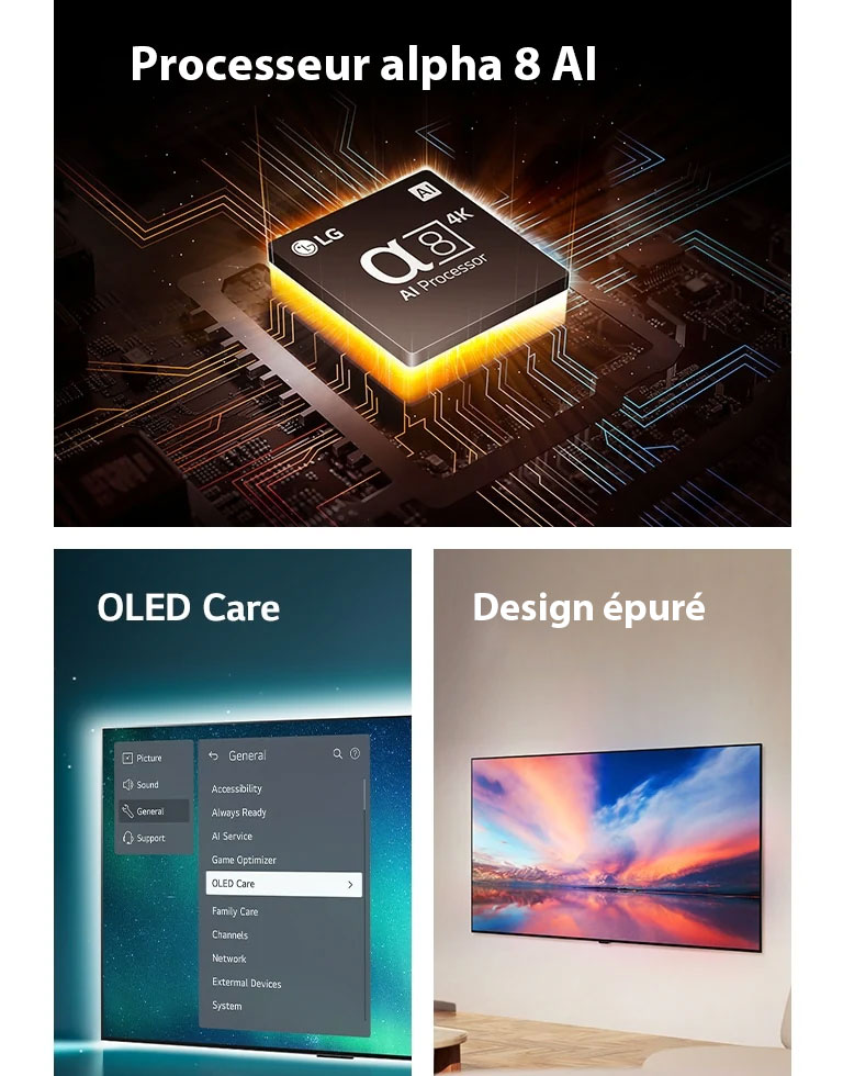 Le processeur alpha 8 AI de LG posé sur une carte mère, émettant des éclairs de lumière orange.  OLED TV avec le menu OLED Care est sélectionné dans le menu d'assistance qui s'affiche à l'écran.  Le design épuré vu de côté lorsqu'il est placé à plat contre le mur d'un espace de vie moderne.