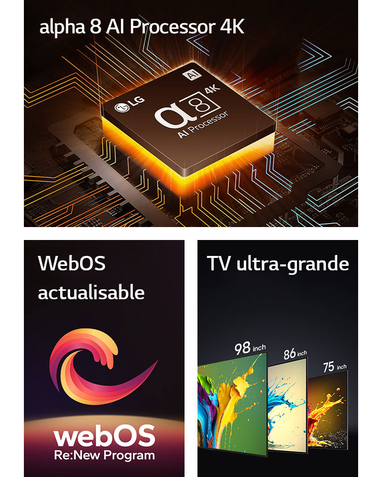 L’alpha 8 AI Processor 4K est représenté avec une lumière verte émanant du dessous. Une spirale rouge, jaune et violette apparaît entre les mots "Upgradeable webOS" et "webOS Re:New Program". Les téléviseurs LG QNED89, QNED90 et QNED99 sont présentés dans l'ordre de gauche à droite. Chaque téléviseur est orné d'une touche de couleur et les mots "Ultra Big TV" sont affichés au-dessus des téléviseurs.