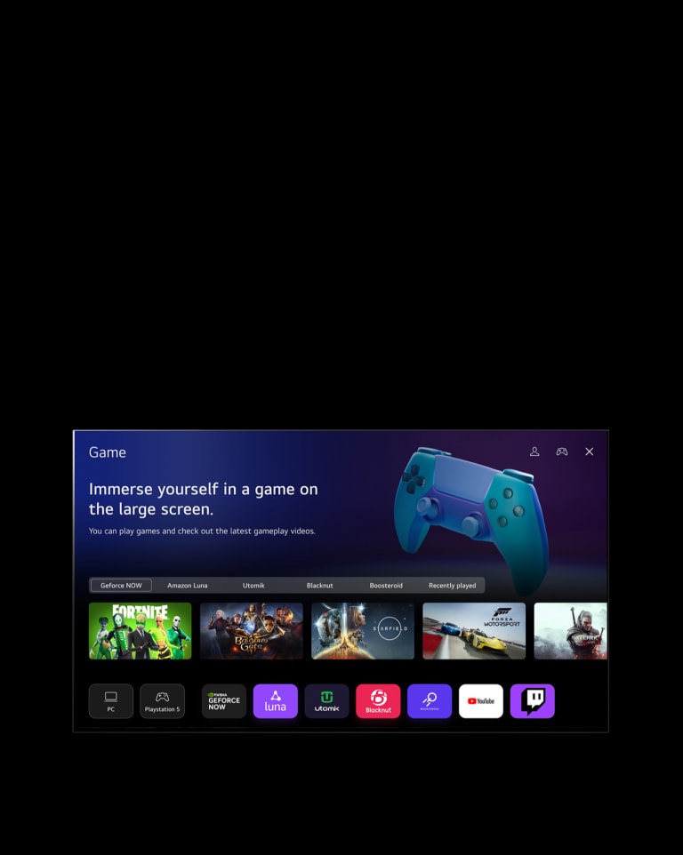 Un curseur clique sur Sports et l’écran s’obscurcit progressivement pour laisser apparaître une page d’accueil Sports avec le texte « Register your favorite team/player for more information about league standing, game schedules or any other updates » (Enregistrez votre équipe/joueur préféré pour plus d’informations sur le classement de la ligue, les calendriers des rencontres ou d’autres actualités) et « Popular league list » (Liste populaire de la ligue). Cinq vignettes portent respectivement les étiquettes de « Soccer », « Basketball », « Baseball », « Cricket » et « Ice Hockey » (Hockey sur glace). L’écran s’éclaircit à nouveau et le curseur clique sur Jeu, puis l’écran s’obscurcit progressivement pour laisser apparaître une page d’accueil Jeu avec le texte « Immerse yourself in a game on the large screen. You can play games and check out the latest gameplay videos » (Plongez-vous dans un jeu sur le grand écran. Vous pouvez jouer à des jeux et découvrir les dernières vidéos de jouabilité). L’image présente les boutons étiquetés « Geforce NOW », « Amazon Luna », « Utomik », « Blacknut », « Boosteroid » et « Recently played » (Joués récemment). Les logos suivants s’affichent : GeForce Now, Amazon Luna, Utomik, Blacknut, Boosteroid, YouTube et Twitch.