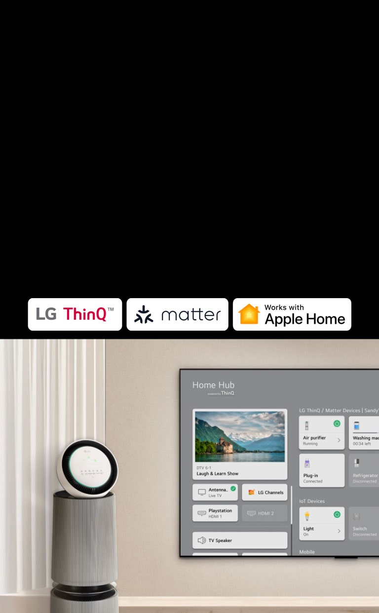 Un logo de LG ThinQ™, Matter et Apple Home. Un LG TV monté sur un mur et un LG PuriCare™ Objet Collection 360° à gauche. Le téléviseur affiche Home Hub et un curseur clique sur « Air purifier » (Purificateur d’air) et la fonction LG PuriCare™ Objet Collection 360° est activée.