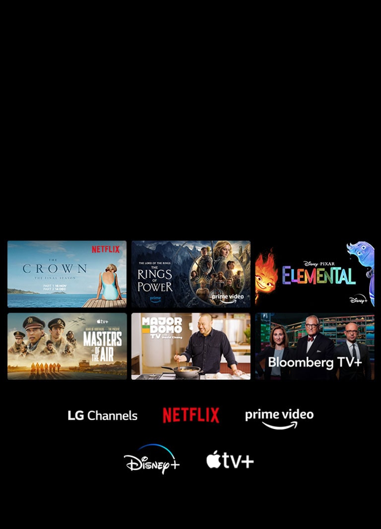 Six vignettes de films et d’émissions télévisées s’affichent et les logos LG Channels, Netflix, Prime Video, Disney+ et Apple TV+ se trouvent en dessous.