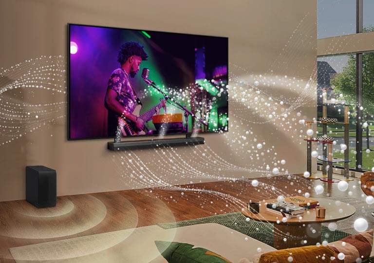 Un LG TV et LG soundbar fixés au mur dans un salon, avec des graphiques de formes lumineuses tout autour de la pièce.