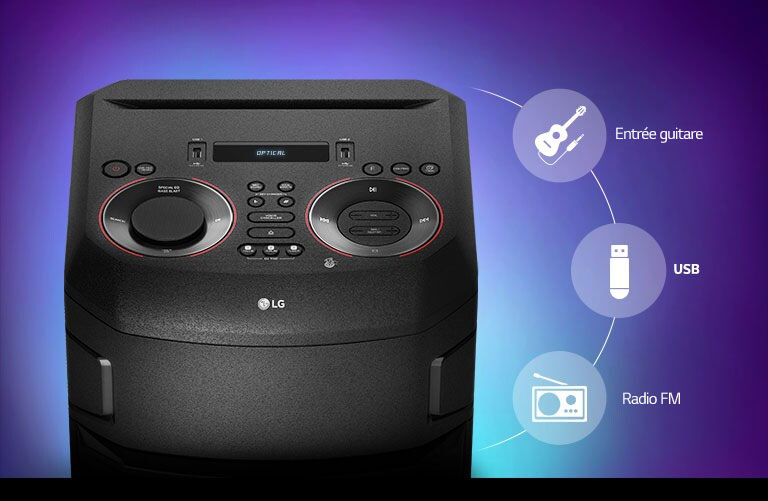 Gros plan du dessus de l’enceinte LG XBOOM autour de laquelle sont affichées les icônes de connectivité.