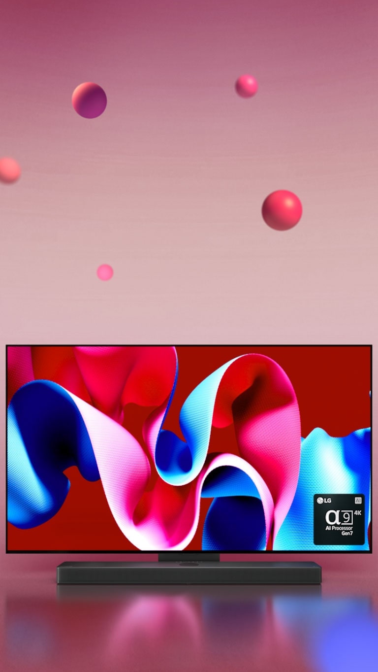 Un LG OLED C4 orienté à 45 degrés vers la droite avec une œuvre d'art abstraite rose et bleue à l'écran sur un fond rose avec des sphères 3D. Le OLED TV pivote pour faire face à l'avant. En bas à droite se trouve le logo du processeur LG alpha 9 AI Gen7.