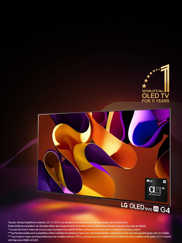 Une image du LG OLED evo G4 avec une œuvre d'art abstraite et colorée à l'écran sur un fond noir avec de subtils tourbillons de couleurs. La lumière rayonne de l'écran, projetant des ombres colorées. Le processeur α11 AI 4K se trouve dans le coin inférieur droit de l'écran du téléviseur. L'emblème « Téléviseur OLED n° 1 mondial depuis 11 ans » est présent sur l'image. Une clause de non-responsabilité est la suivante : « Source : Omdia. Expéditions d'unités, 2013-2023. Les résultats ne constituent pas une approbation de LG Electronics. Toute confiance accordée à ces résultats est aux risques et périls du tiers. Visitez https://www.omdia.com/ pour plus de détails. »