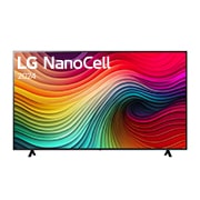 Front view of LG NanoCell TV, NANO80 with text of LG NanoCell, 2024, and webOS Re:New Program logo on screen