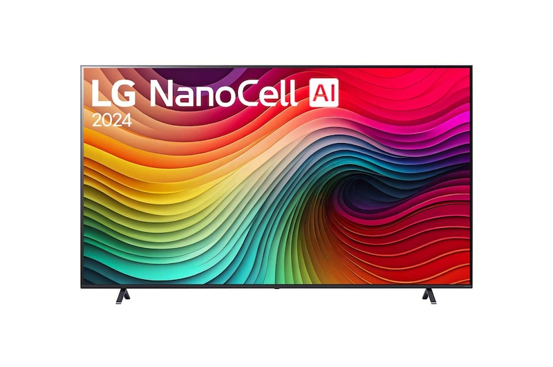 Front view of LG NanoCell TV, NANO80 with text of LG NanoCell, 2024, and webOS Re:New Program logo on screen