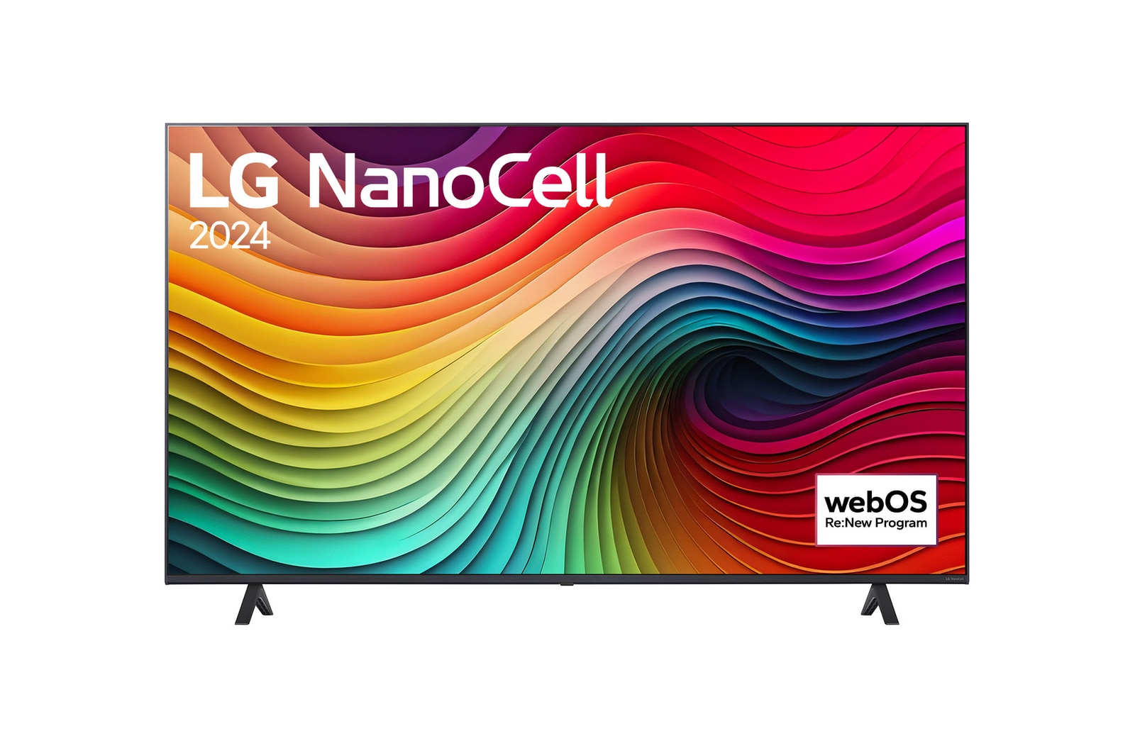 Front view of LG NanoCell TV, NANO80 with text of LG NanoCell, 2024, and webOS Re:New Program logo on screen