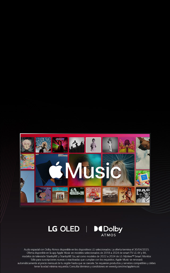 Un diseño de cuadrícula de álbumes con el logotipo de Apple Music superpuesto, con el logotipo de LG OLED y Dolby Atmos debajo.