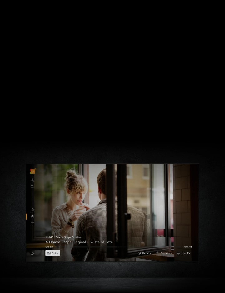 Un usuario selecciona canales LG desde la pantalla de inicio del televisor LG. Luego, el cursor hace clic para continuar viendo una serie dramática favorita.