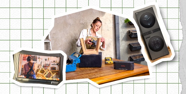 Imagen con Carol, lavadora LG, altavoz XBOOM y TV mostrando su taller.