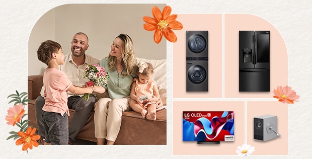 Familia feliz en el sofá con LG WashTower, refrigerador InstaView, OLED TV y CineBeam.