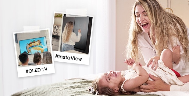 Familia feliz en la cama con fotos del LG OLED TV y del refrigerador InstaView.