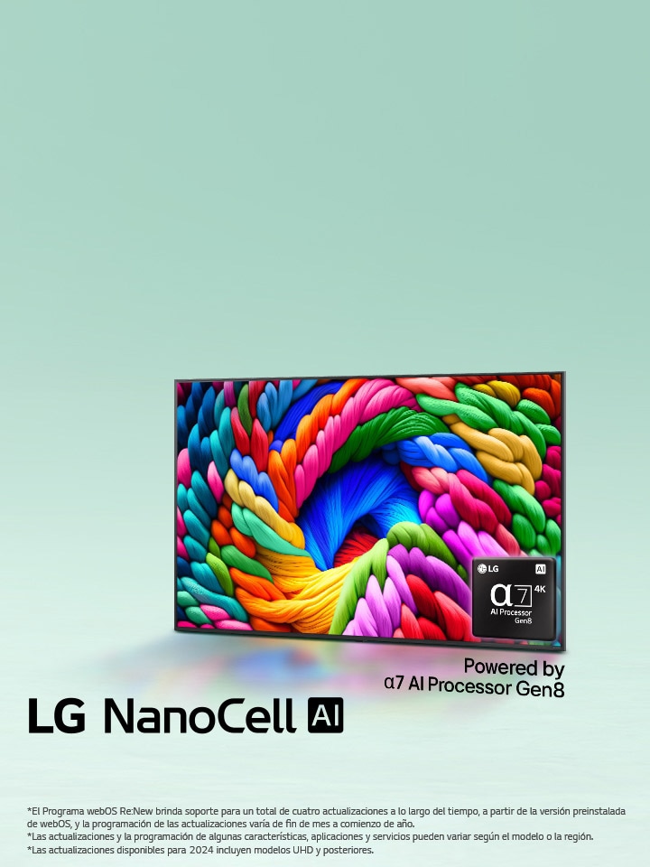 LG NanoCell TV se encuentra ligeramente inclinada hacia la izquierda y muestra hilos de colores. El logotipo del procesador alpha 7 AI Gen8 aparece integrado en la esquina inferior derecha de la televisión. El fondo es un degradado verde azulado claro. También puede verse el texto: Con la tecnología del procesador alpha 7 AI Gen8.