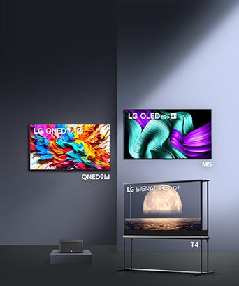 Una serie de LG TV inalámbricas alineadas en formación.