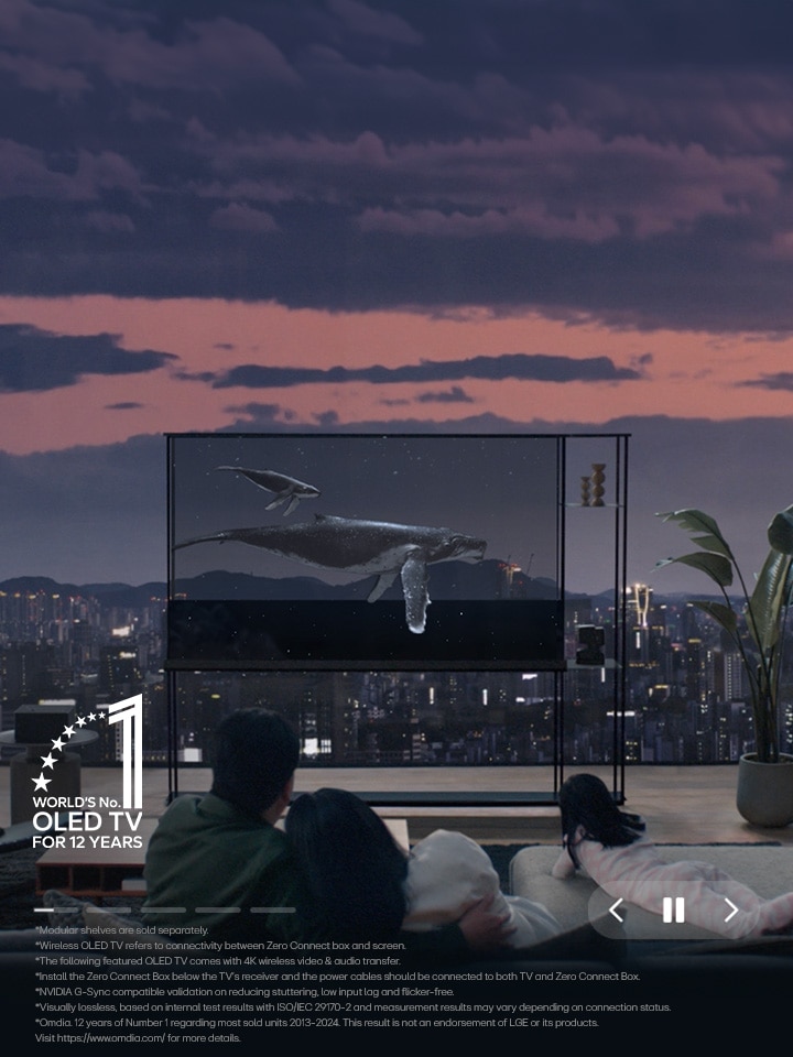 Una ballena nada por el LG SIGNATURE OLED T mientras la pantalla se oscurece para revelar el horizonte de la ciudad al anochecer. Personas sentadas en un sofá en primer plano frente a la televisión y una ventana. La Caja de conexión cero se encuentra en una mesita a la izquierda de la televisión.