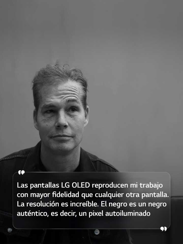 Entrevista a Shepard Fairey con un texto que dice: “Las pantallas LG OLED reproducen mi trabajo con mayor fidelidad que cualquier otra pantalla”. La resolución es increíble. El negro es un negro auténtico, es decir, un pixel autoiluminado”