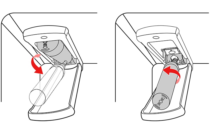 Jala el filtro de agua hacia abajo y gíralo en sentido contrario a las manecillas del reloj antes de sacarlo Asegúrate de girar completamente el filtro hacia abajo antes de sacarlo del orificio del colector