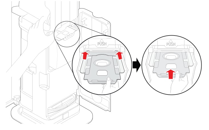 Coloque el extremo de la bolsa de polvo en el riel dentro del producto. Deslice la bolsa recorriéndola por los rieles hasta que esté completamente insertada.