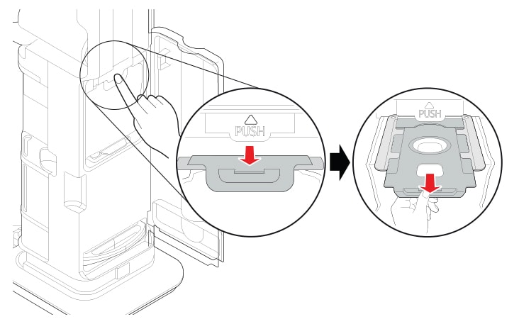 Presione el botón sobre la etiqueta PUSH con una mano. Se libera la bolsa para polvo. Jale de la palanca para retirarla. Al extraer la bolsa, se cierra la abertura superior.
