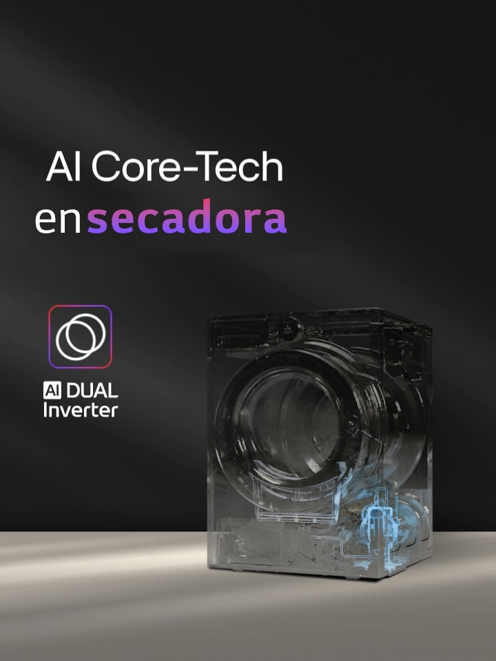 Se muestra una secadora LG con una vista transparente del componente AI Dual Inverter, junto con el título "AI Core-Tech en la secadora" y el emblema AI Dual Inverter, con una 'D' en el centro rodeada por dos flechas que forman un bucle, se muestran sobre un fondo oscuro con un borde rosa y morado.