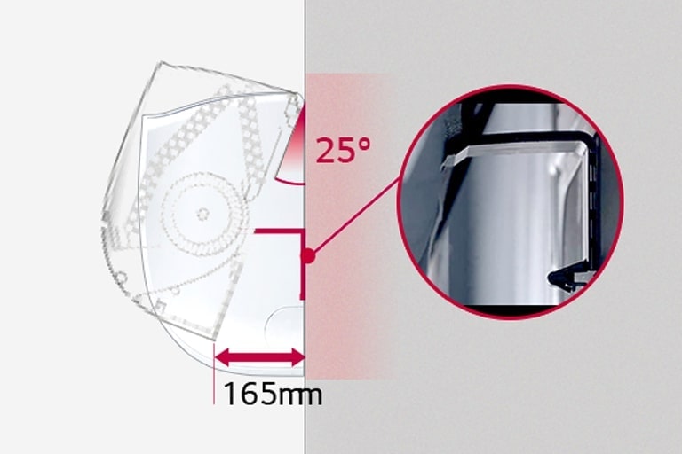 Se muestra una vista lateral en alambre de la unidad de montaje en pared de LG, con una vista ampliada del clip de soporte en forma de L en la mitad derecha de la imagen.