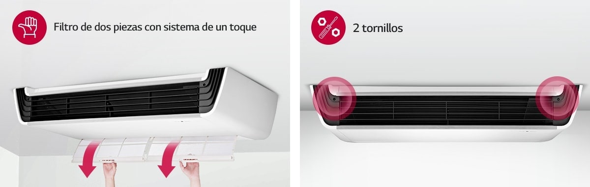 LG Seiling Suspended cuenta con un filtro con indicadores de flecha en la parte inferior, mientras que la vista delantera muestra dos círculos rojos.