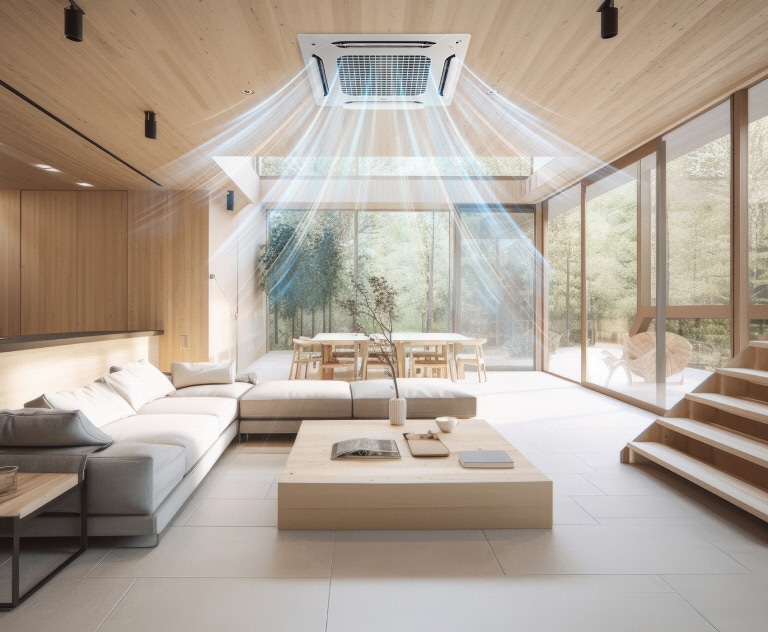 Un cassette de techo LG circula el aire visible en una amplia sala de estar de tonos cálidos, llena de un sofá, mesa y plantas.