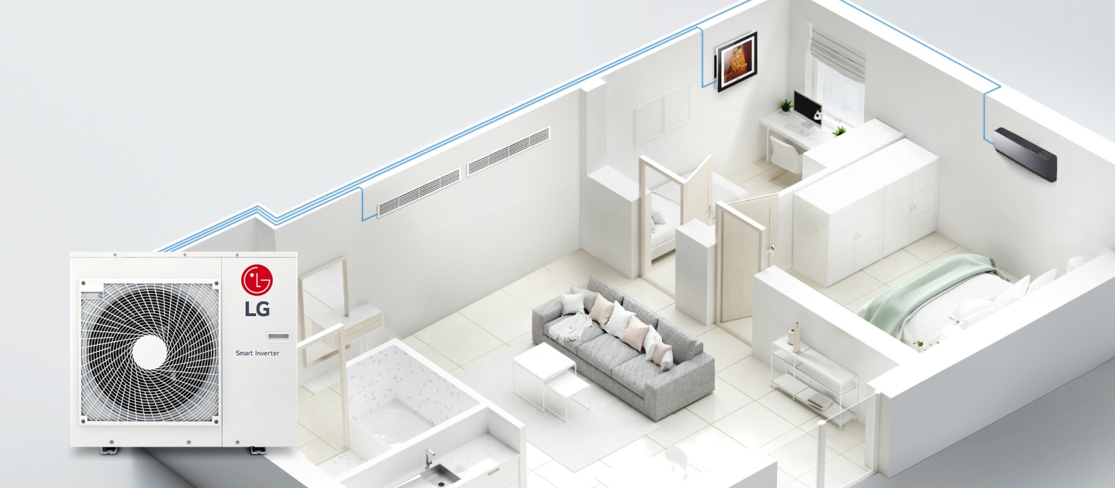 Una sección de la casa muestra tuberías azules de una unidad Smart Inverter de LG que conectan tres unidades interiores en cada habitación.