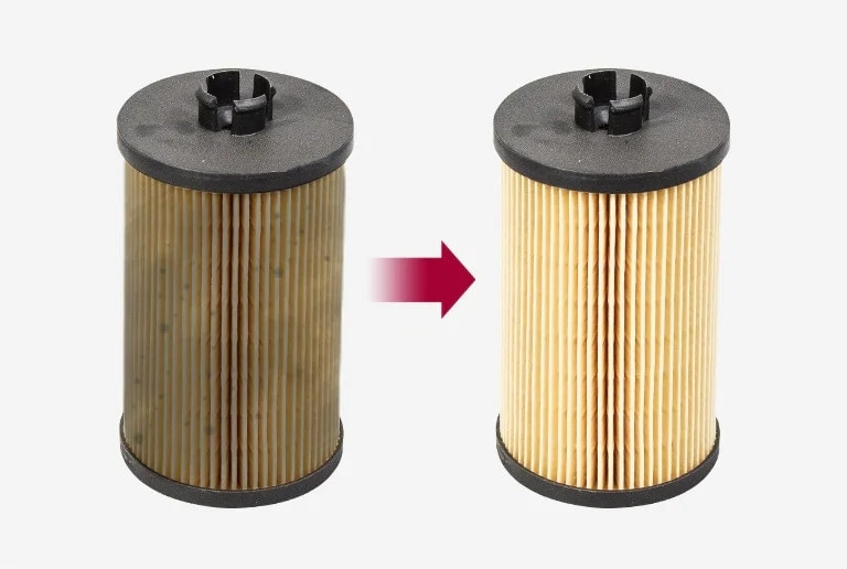 Imagen comparativa entre un filtro sucio a la izquierda y un filtro limpio a la derecha.