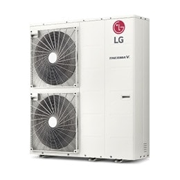 Se muestra el sistema LG Air to Water Heat Pumps, de forma rectangular y equipado con dos ventiladores en el lado izquierdo, uno arriba y otro abajo.