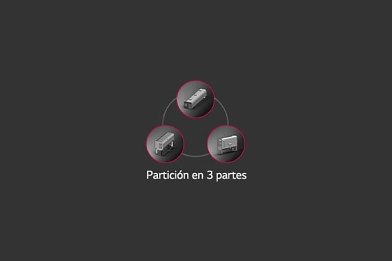 Tres círculos pequeños están dispuestos en un patrón triangular en el contorno de un círculo más grande. Cada círculo pequeño presenta una partición de 3 partes en su centro.