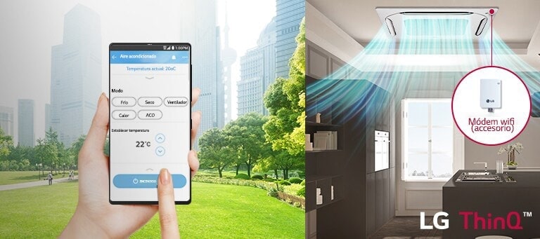 Smartphone con la app LG ThinQ™ Wi-Fi Remote Control a la izquierda y unidad de AC en una habitación moderna con accesorio de módem Wi-Fi a la derecha.