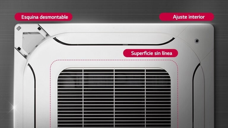 Diseño de panel medio mostrado del AC de cassette montado en el techo LG HVAC, con una esquina desmontable, superficie sin líneas y ajuste interior.