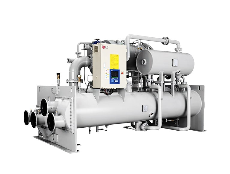 Chiller industrial LG de gran tamaño en color plateado, con múltiples tuberías y una unidad de control visible en la parte frontal.