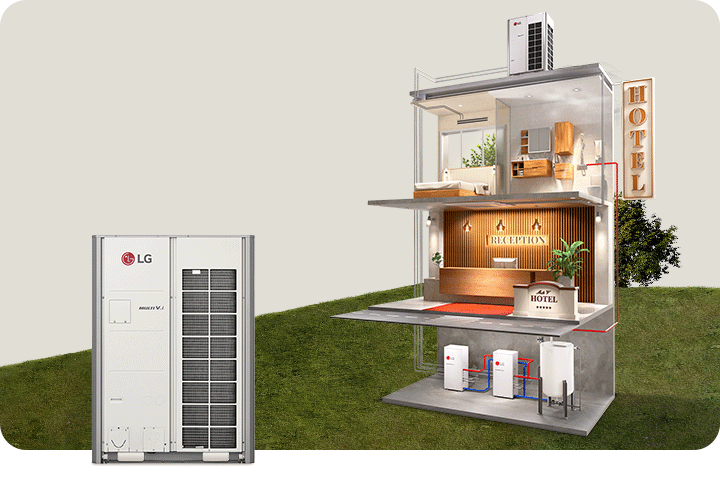 El hotel de tres pisos con sótano tiene un dibujo en perspectiva. Los Hydro Kits y MULTI V i están conectados a las Unidades Interiores en la habitación y recepción por tuberías.